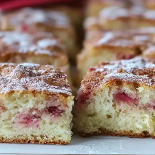 A close-up of two rectangular slices of sourdough rhubarb recipe cake with more slices blurred in the background, all dusted with powdered sugar.