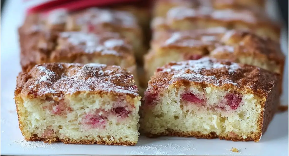 A close-up of two rectangular slices of sourdough rhubarb recipe cake with more slices blurred in the background, all dusted with powdered sugar.
