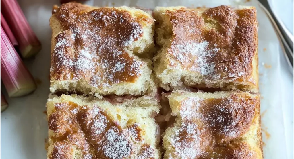 Four square portions of sourdough rhubarb recipe cake, dusted with powdered sugar, arranged on a white plate next to rhubarb stalks and a fork.