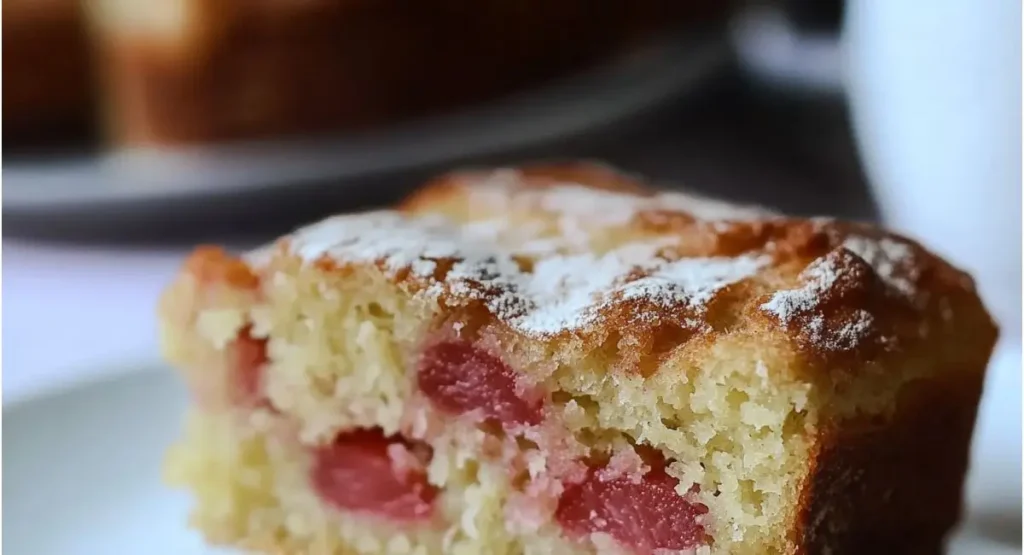 A close-up of a single slice of light and airy sourdough rhubarb recipe cake dusted with powdered sugar, showcasing the pink rhubarb pieces within.