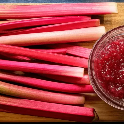 Fresh rhubarb stalks next to a bowl of stewed rhubarb compote