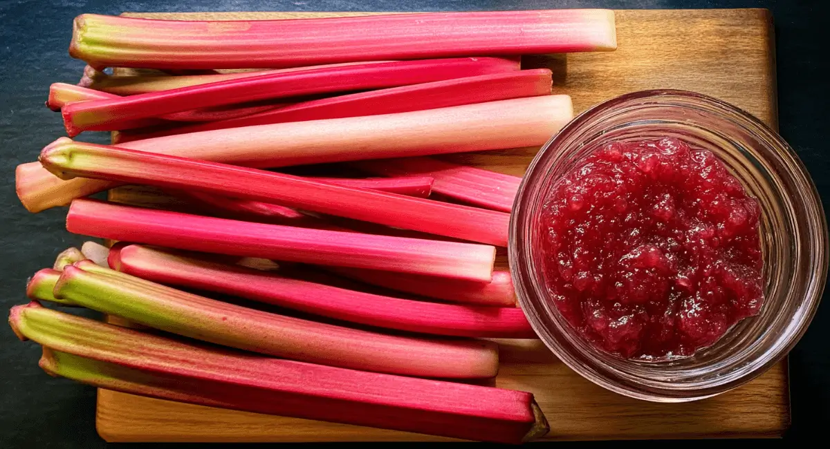 Fresh rhubarb stalks next to a bowl of stewed rhubarb compote