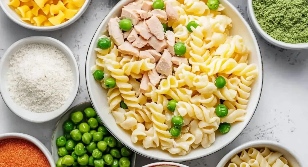 A flat lay of ingredients for tuna pasta salad recipes arranged on a light gray surface, including bowls of cooked spiral pasta, canned tuna, frozen peas, and various seasonings.