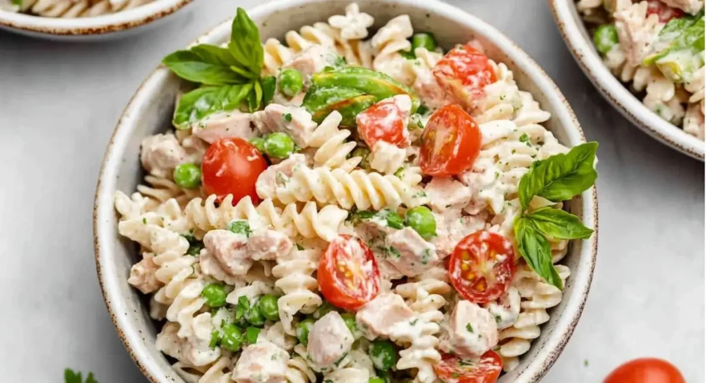 A close-up, overhead shot of a white bowl containing a tuna pasta salad recipe, including spiral pasta, tuna chunks, green peas, halved cherry tomatoes, and fresh basil leaves, all coated in a creamy dressing.