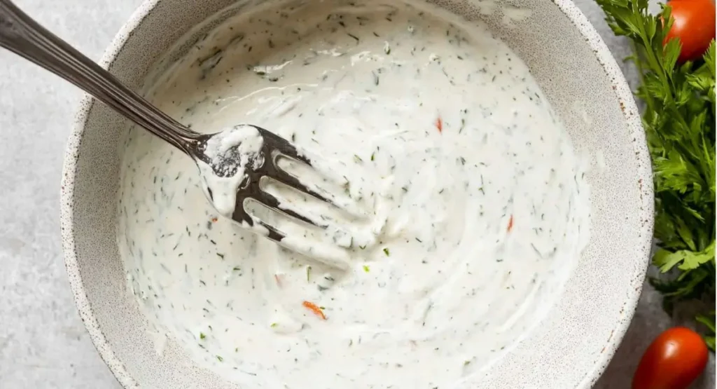 A close-up, overhead shot of a speckled bowl containing a creamy white dressing with visible green herbs, likely a component for tuna pasta salad recipes, with a fork resting inside.