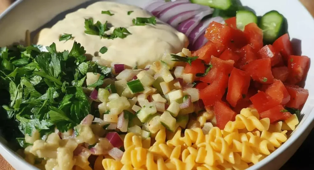 A white bowl filled with the separate ingredients of a vegan pasta salad recipe, including rotini pasta, diced tomatoes, cucumbers, red onions, a scoop of creamy white dressing topped with fresh parsley, and chopped parsley.