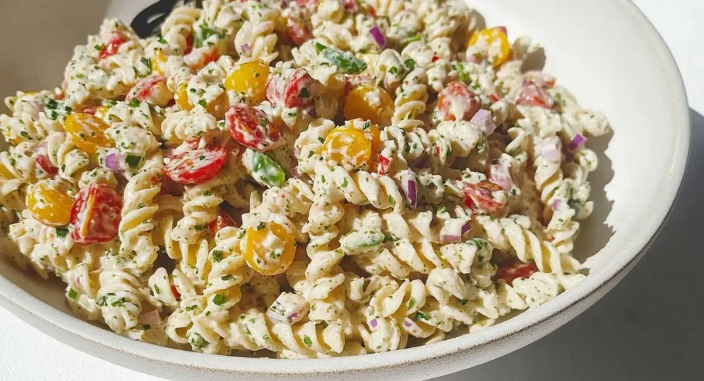 A white bowl filled with a mixed vegan pasta salad recipe, featuring rotini pasta, cherry tomatoes, red onion, parsley, and a creamy white dressing.
