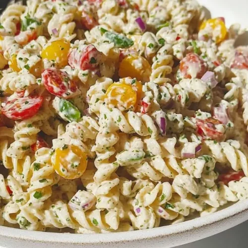 A white bowl filled with a mixed vegan pasta salad recipe, featuring rotini pasta, cherry tomatoes, red onion, parsley, and a creamy white dressing.