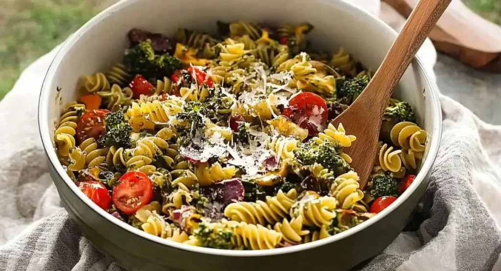 A rustic bowl filled with vegetarian pasta salad recipe on a light gray linen cloth, featuring spiral pasta, broccoli, cherry tomatoes, and grated cheese, with a wooden spoon resting inside. The background is softly blurred, suggesting an outdoor setting.