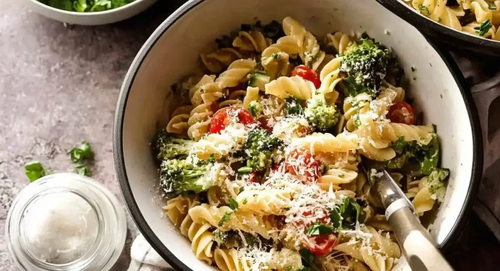 A close-up of a bowl filled with a prepared vegetarian pasta salad recipe featuring spiral pasta, broccoli florets, halved cherry tomatoes, green herbs, and grated cheese. A jar with a white lid is partially visible in the lower left corner, and another bowl is slightly blurred in the upper right. The background is a textured gray surface.