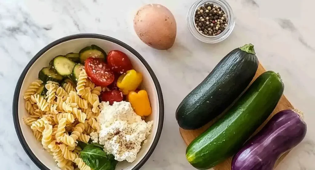 Ingredients for a vegetarian pasta salad recipe laid out on a white marble surface, including uncooked spiral pasta in a bowl with sliced zucchini, halved cherry tomatoes, yellow bell pepper pieces, ricotta cheese sprinkled with pepper, and fresh basil leaves. Next to the bowl are a brown egg, a small glass bowl of mixed peppercorns, two whole zucchinis on a wooden board, and a single eggplant.