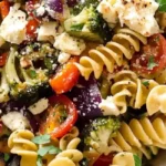 Easy Vegetarian Pasta Salad Recipe (Fresh & Flavorful!) 18 A close-up view of a vibrant vegetarian pasta salad recipe in a white bowl, showcasing spiral pasta, broccoli florets, halved red tomatoes, and crumbled white cheese, with fresh herbs and a glimpse of a green surface below.