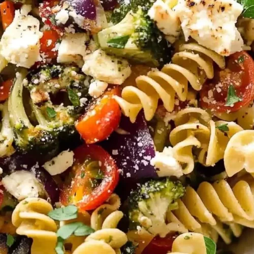 A close-up view of a vibrant vegetarian pasta salad recipe in a white bowl, showcasing spiral pasta, broccoli florets, halved red tomatoes, and crumbled white cheese, with fresh herbs and a glimpse of a green surface below.
