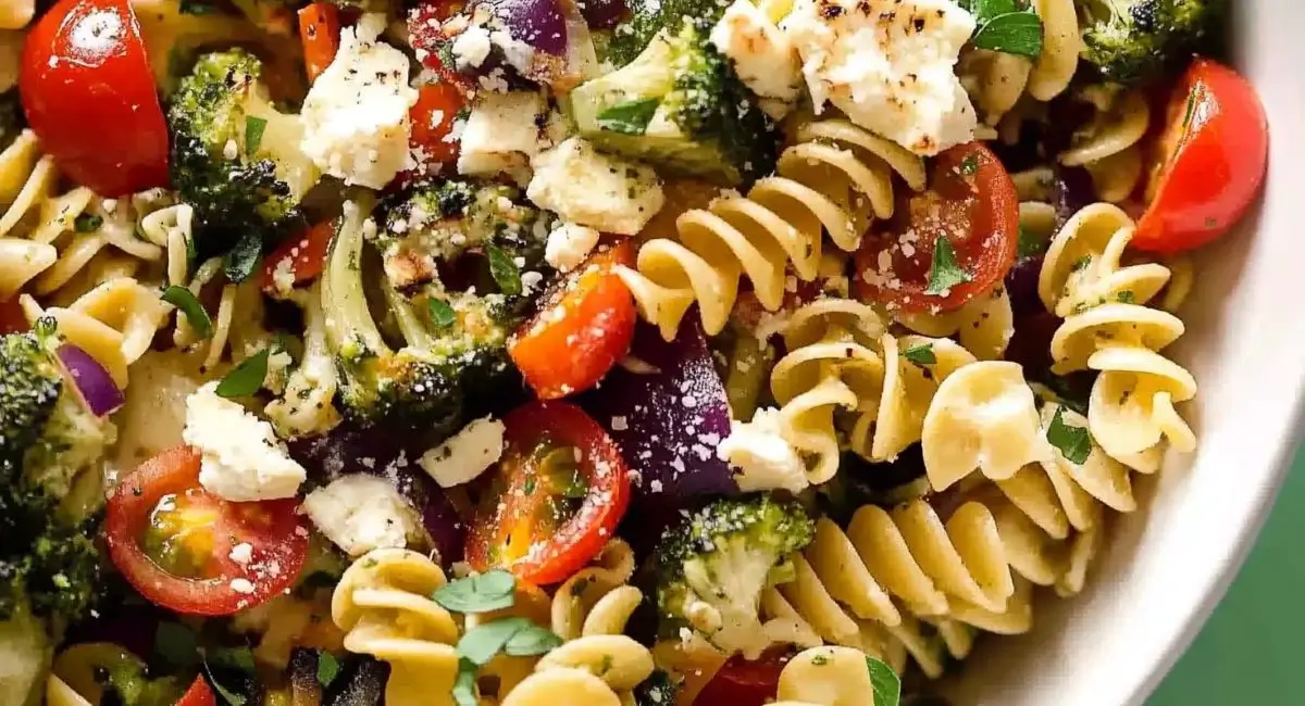 A close-up view of a vibrant vegetarian pasta salad recipe in a white bowl, showcasing spiral pasta, broccoli florets, halved red tomatoes, and crumbled white cheese, with fresh herbs and a glimpse of a green surface below.