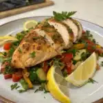Juicy garlic butter chicken breast in skillet