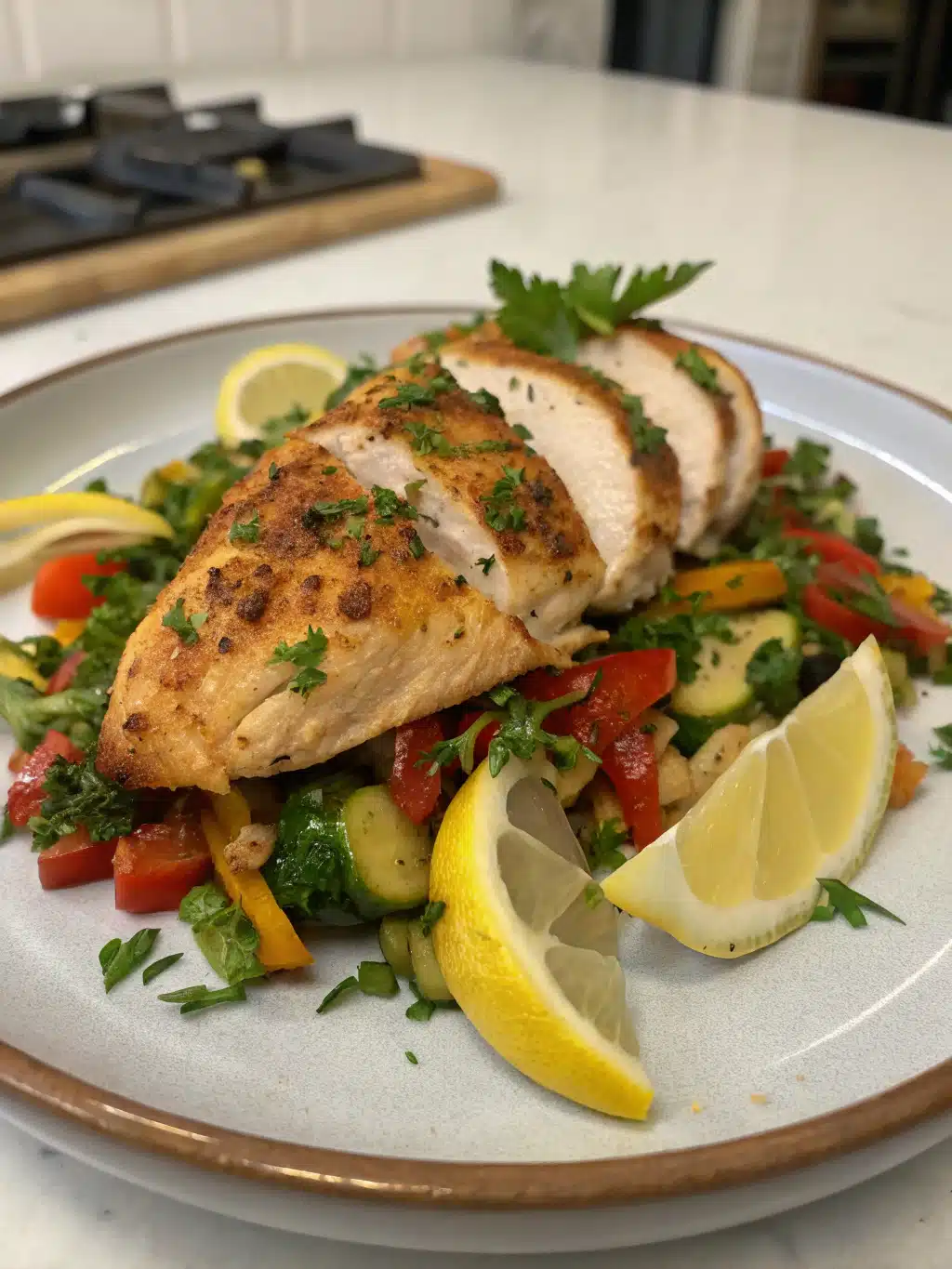 Juicy garlic butter chicken breast in skillet