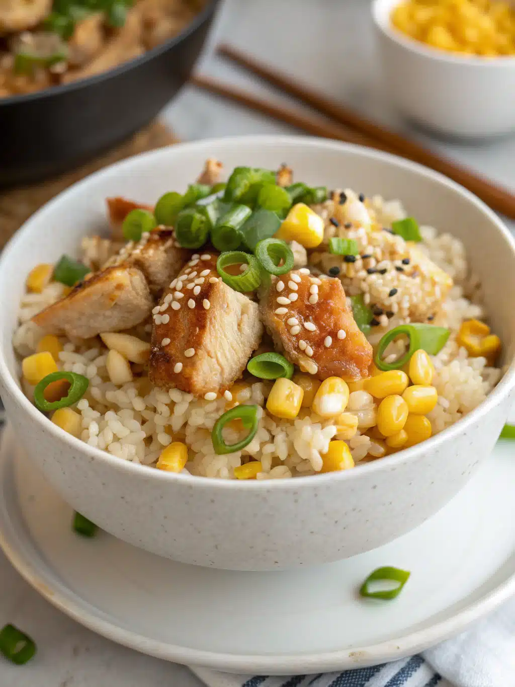 Street corn chicken rice hot in skillet
