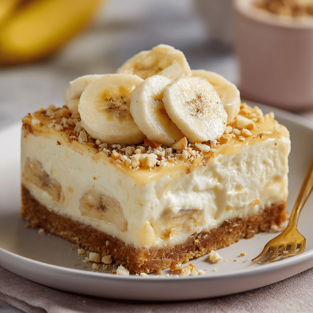 Banana pudding cheesecake slice with vanilla wafer crust