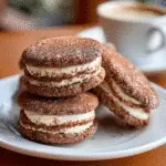 Stacked tiramisu sandwich cookies with cream filling and cocoa dust
