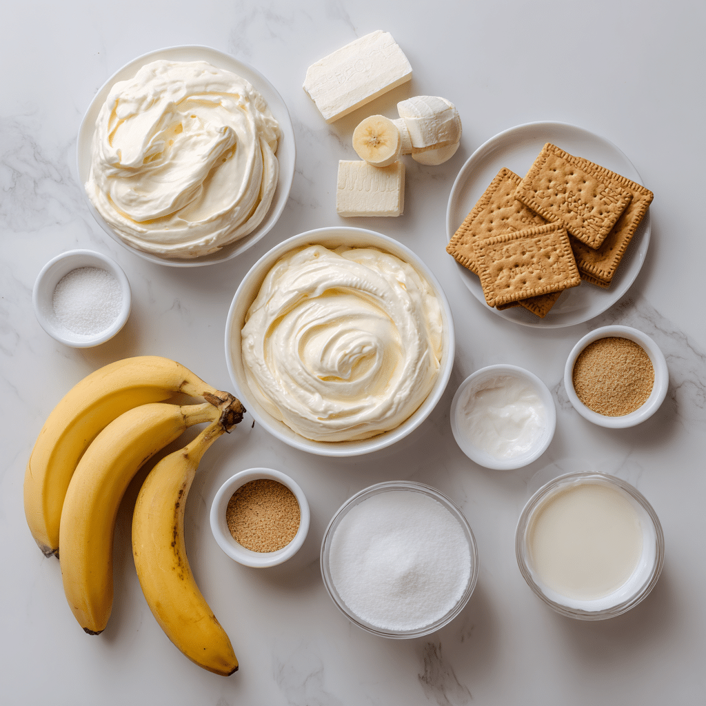 Banana Pudding Cheesecake: Get the Best Recipe! 7 Ingredients for banana pudding cheesecake on marble surface
