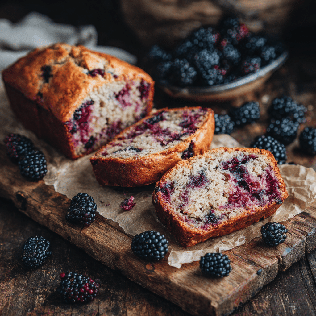Blackberry sourdough discard muffins and bread on wooden board