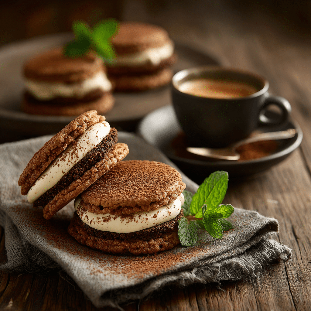 Tiramisu Sandwich Cookies – The Best Creamy Dessert Recipe! 9 Tiramisu sandwich cookies with espresso and cocoa dust