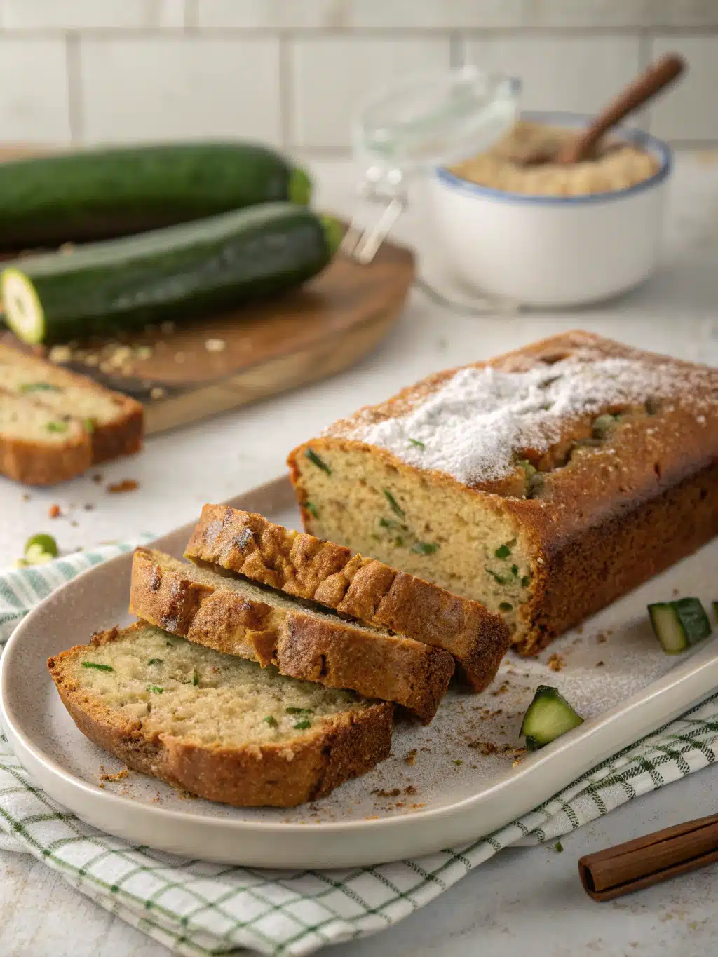 Freshly baked zucchini bread recipe on cutting board