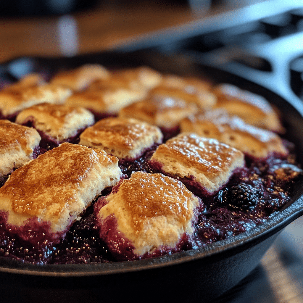 Sourdough blackberry cobbler in cast iron skillet with golden biscuit top