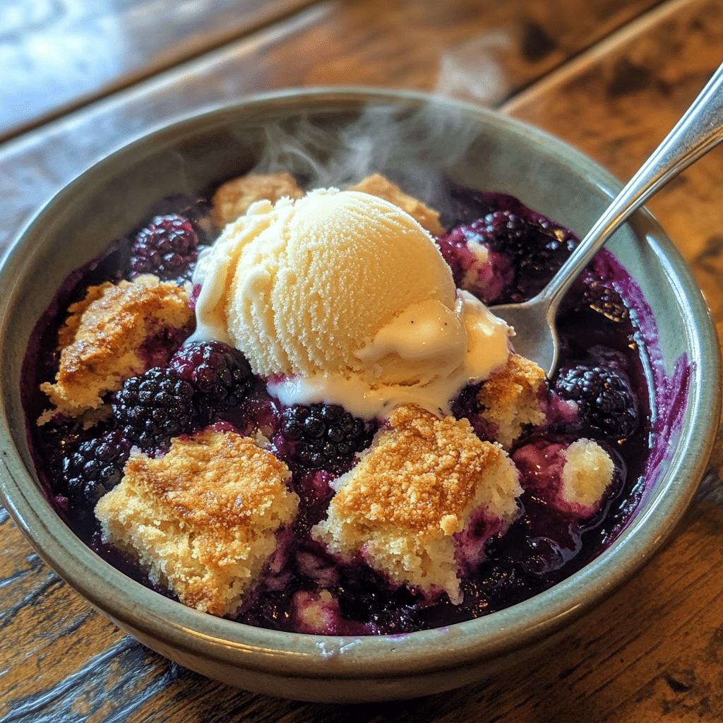 The Best Sourdough Blackberry Cobbler Recipe for Homemade Southern Comfort 9 A bowl of sourdough blackberry cobbler topped with vanilla ice cream