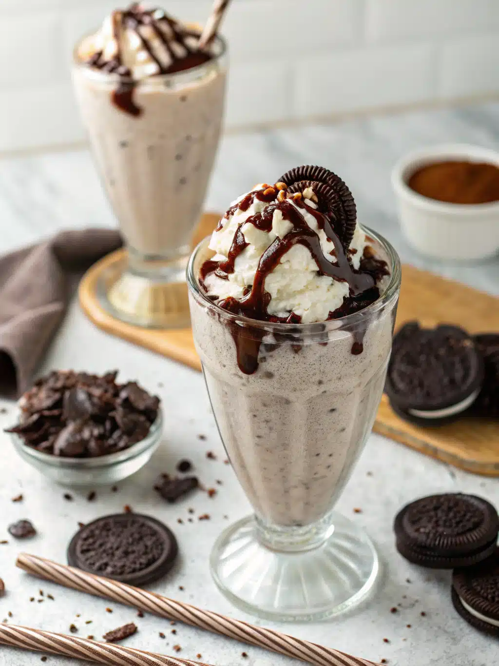 Oreo Blended Shake with Chocolate Drizzle topped with cream and Oreos