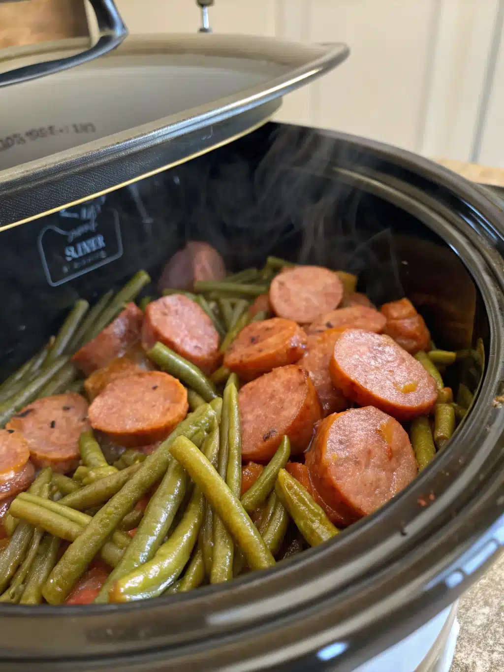 Crockpot kielbasa and green beans recipe in slow cooker