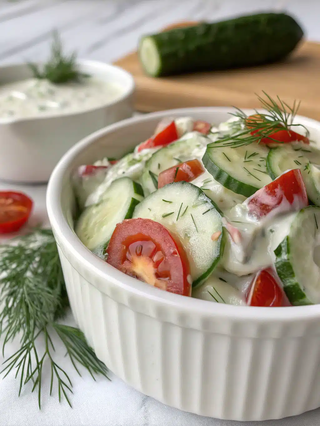 Easy Creamy Cucumber Salad served in a bowl with fresh dill