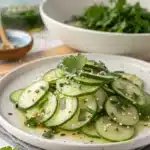 Cucumber vinegar salad in glass bowl with fresh onions and herbs