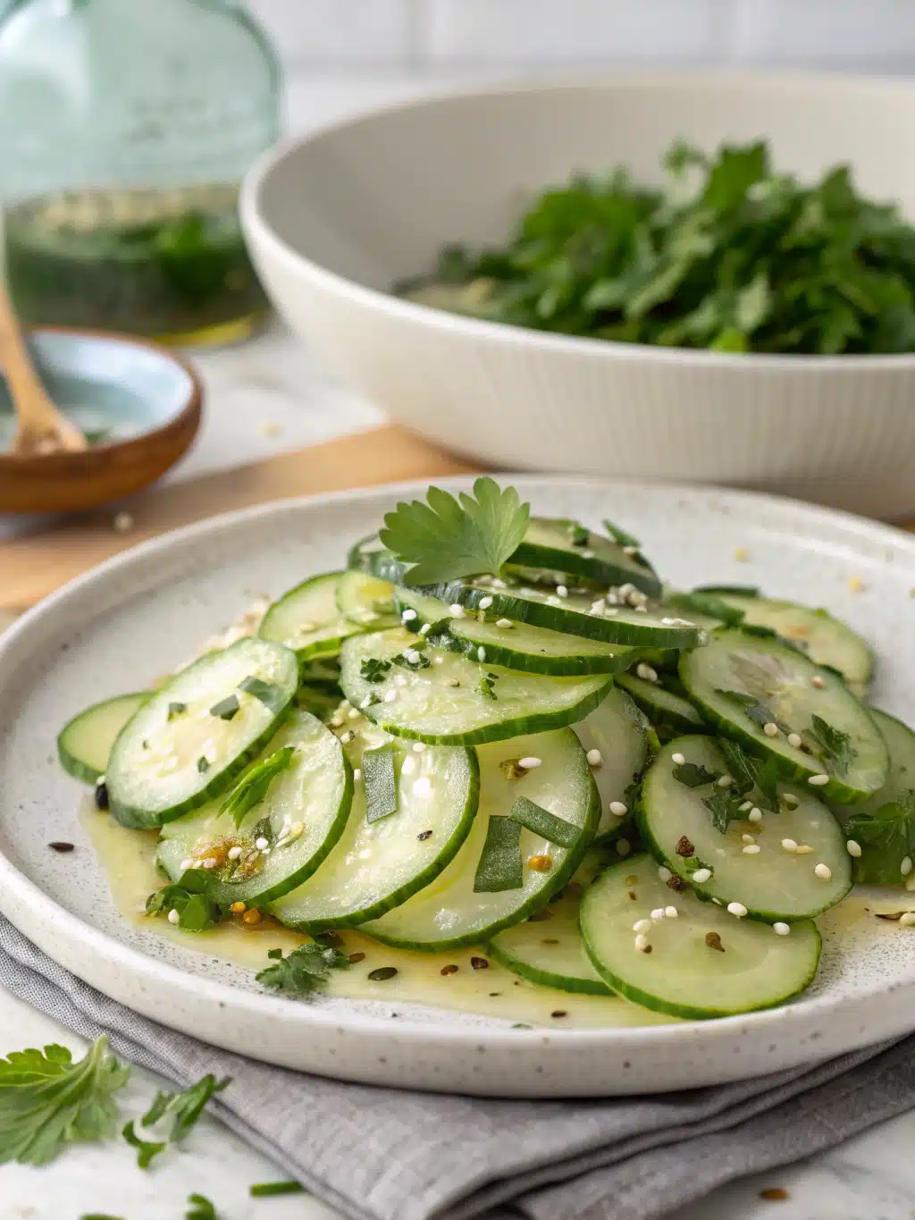 Cucumber vinegar salad in glass bowl with fresh onions and herbs
