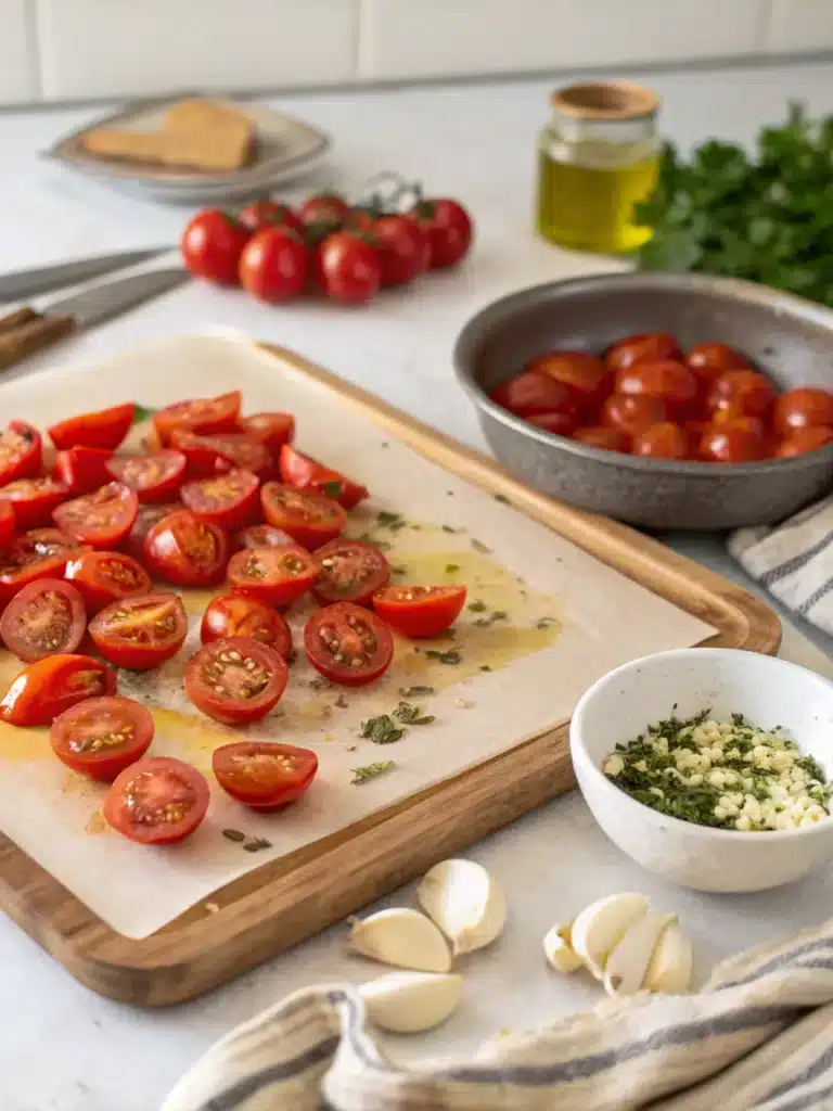 Tempting Garlic Roasted Cherry Tomatoes: A Burst of Flavor 8 Garlic roasted cherry tomatoes on crusty bread as a tempting appetizer.