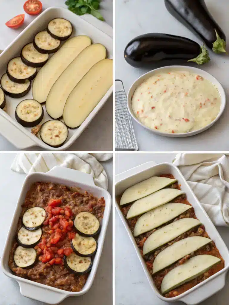 Greek Eggplant Moussaka Recipe: Ultimate 5-Layer Delight 8 Layering a Greek Eggplant Moussaka Recipe with roasted eggplant, meat sauce, and béchamel in a baking dish.