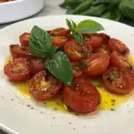 Tempting Garlic Roasted Cherry Tomatoes: A Burst of Flavor 9 Vibrant garlic roasted cherry tomatoes with fresh thyme on a baking sheet.