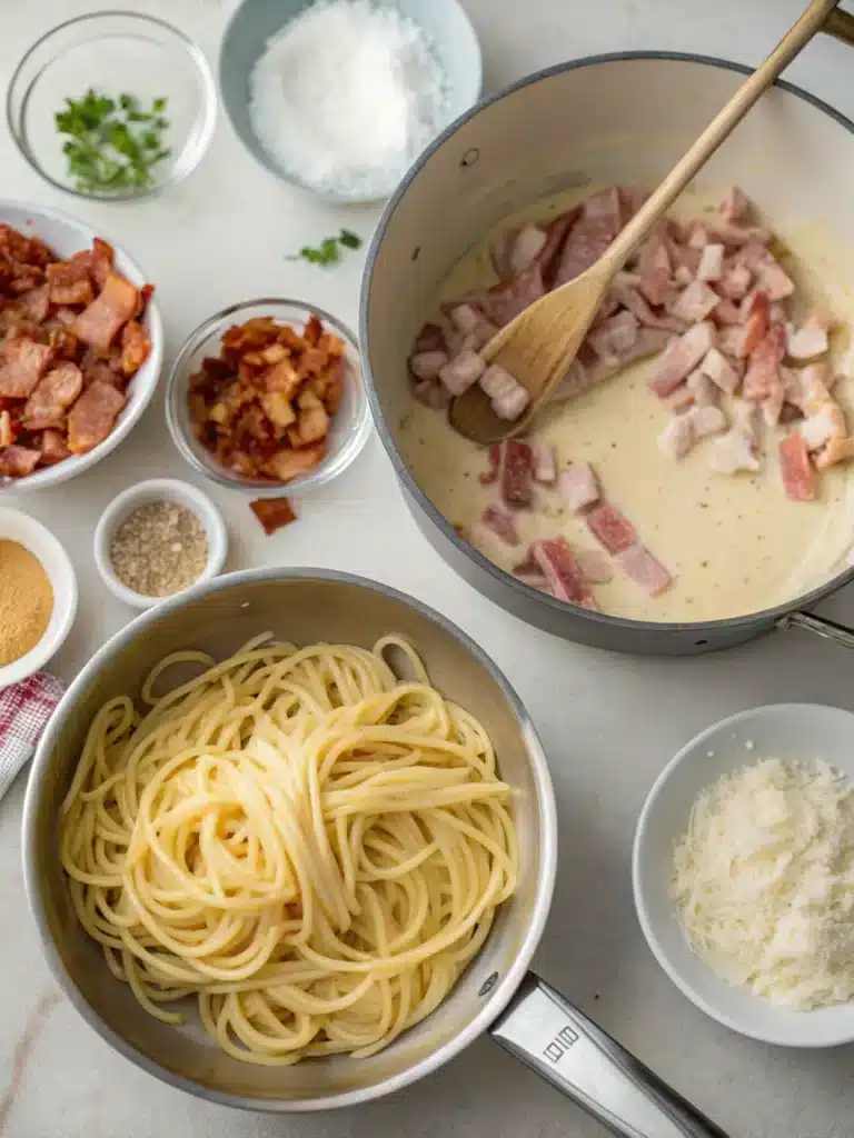 Creamy Bacon Carbonara Pasta: The Best Indulgent Twist on a Classic Recipe 9 Stirring Pasta in Creamy Carbonara Sauce
