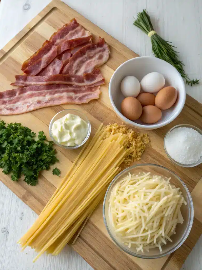 Creamy Bacon Carbonara Pasta: The Best Indulgent Twist on a Classic Recipe 8 creamy bacon carbonara pasta ingredients on Wooden Board