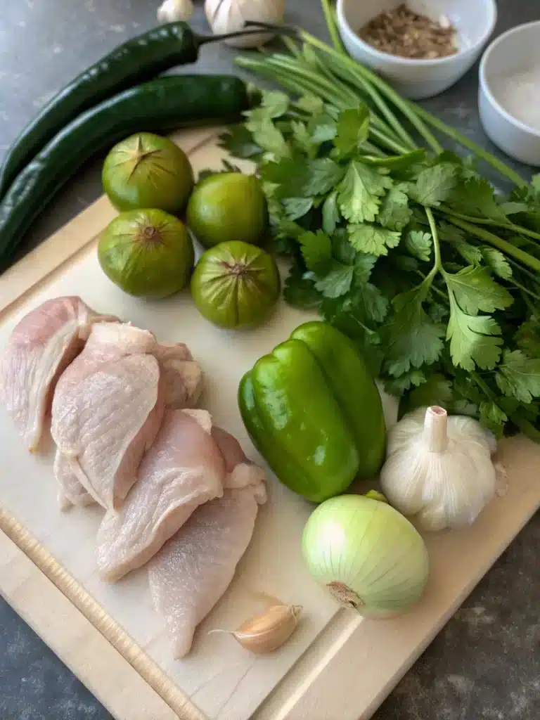 Hatch Chicken Chile Verde: A Bold and Flavorful Southwestern Favorite 5 Fresh and roasted Hatch green chiles on cutting board