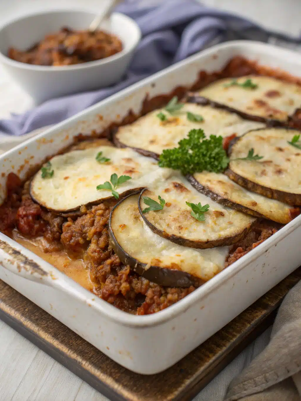 Golden Greek Eggplant Moussaka Recipe in a baking dish, topped with creamy béchamel and fresh parsley.