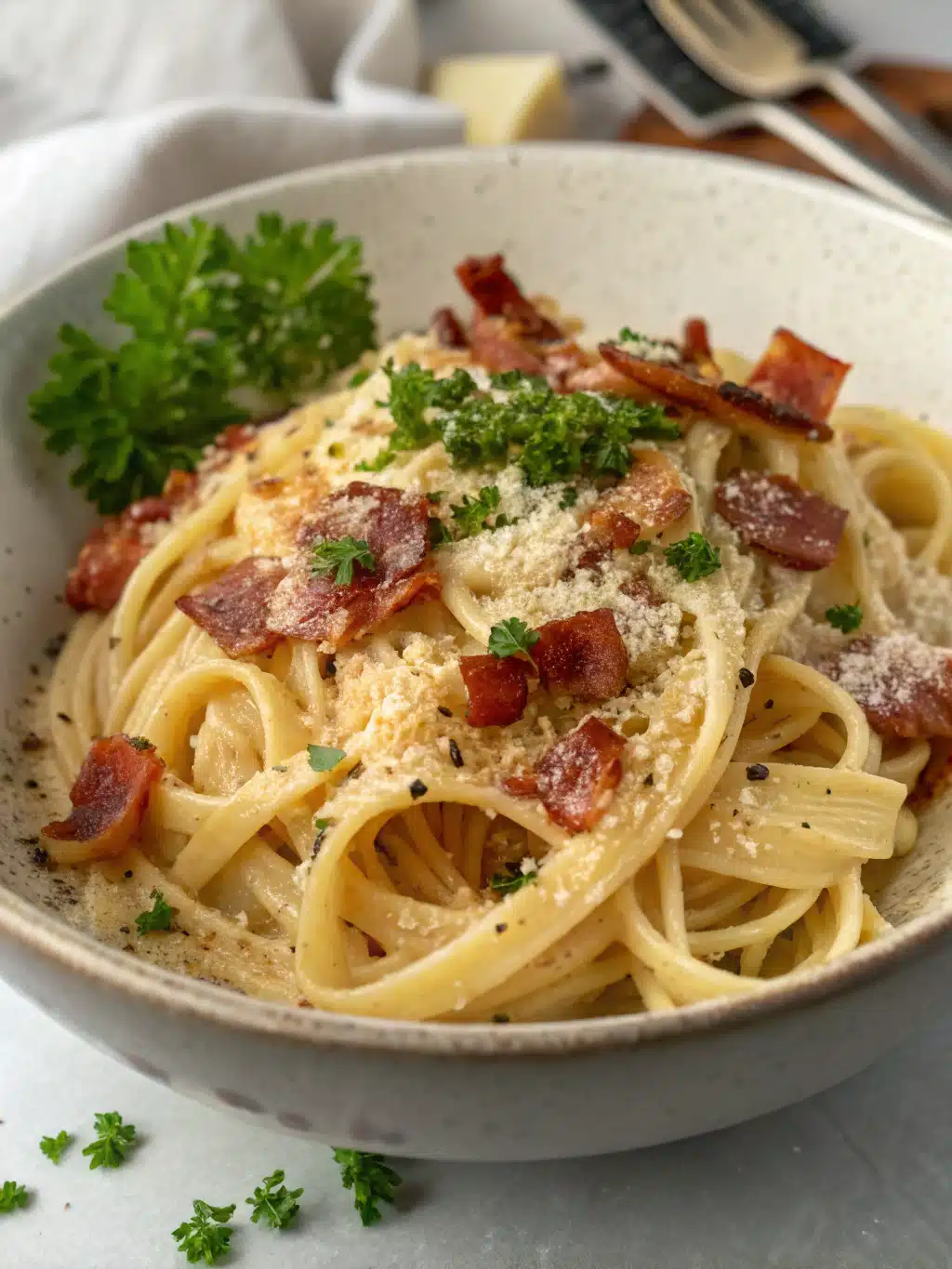Creamy Bacon Carbonara Pasta with Crispy Bacon