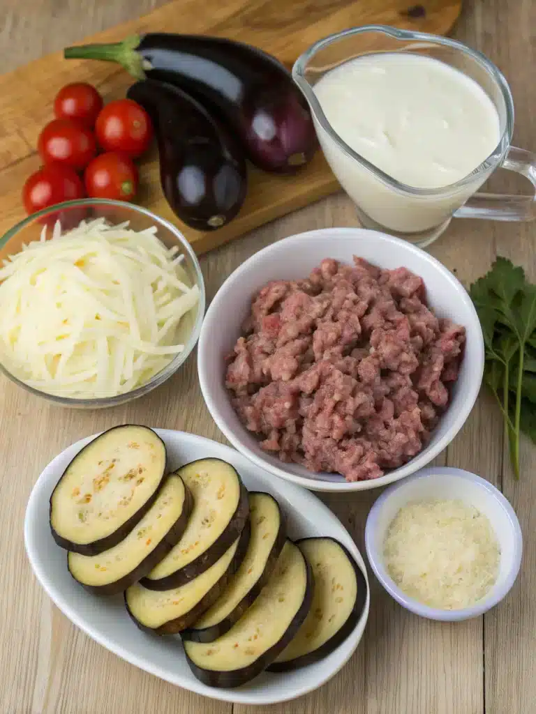 Greek Eggplant Moussaka Recipe: Ultimate 5-Layer Delight 7 Sliced eggplants for Greek Eggplant Moussaka Recipe, brushed with olive oil on a baking sheet, ready to roast.