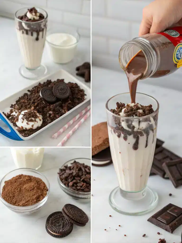 Oreo Blended Shake with Chocolate Drizzle 6 Ingredients for Oreo Blended Shake on kitchen counter