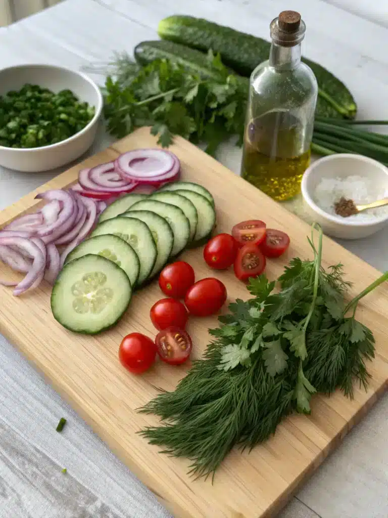 Cucumber Vinegar Salad Recipe: The Ultimate Tangy, Crisp Summer Side Dish 8 Fresh cucumber salad ingredients on cutting board
