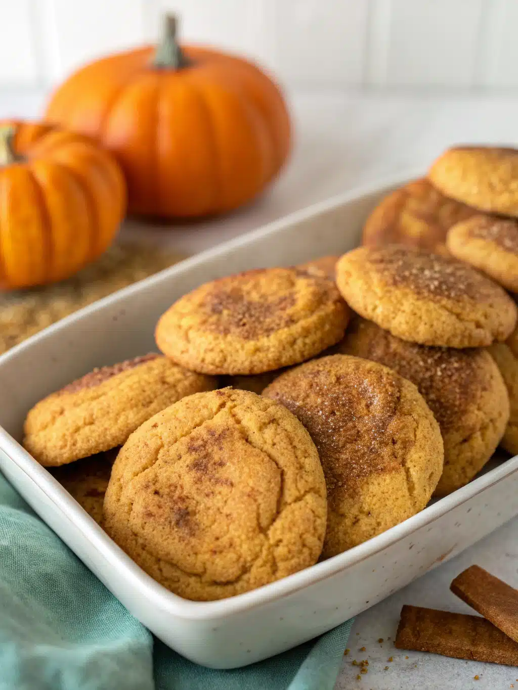 Brown Butter Pumpkin Snickerdoodle Cookies on a plate with fall décor