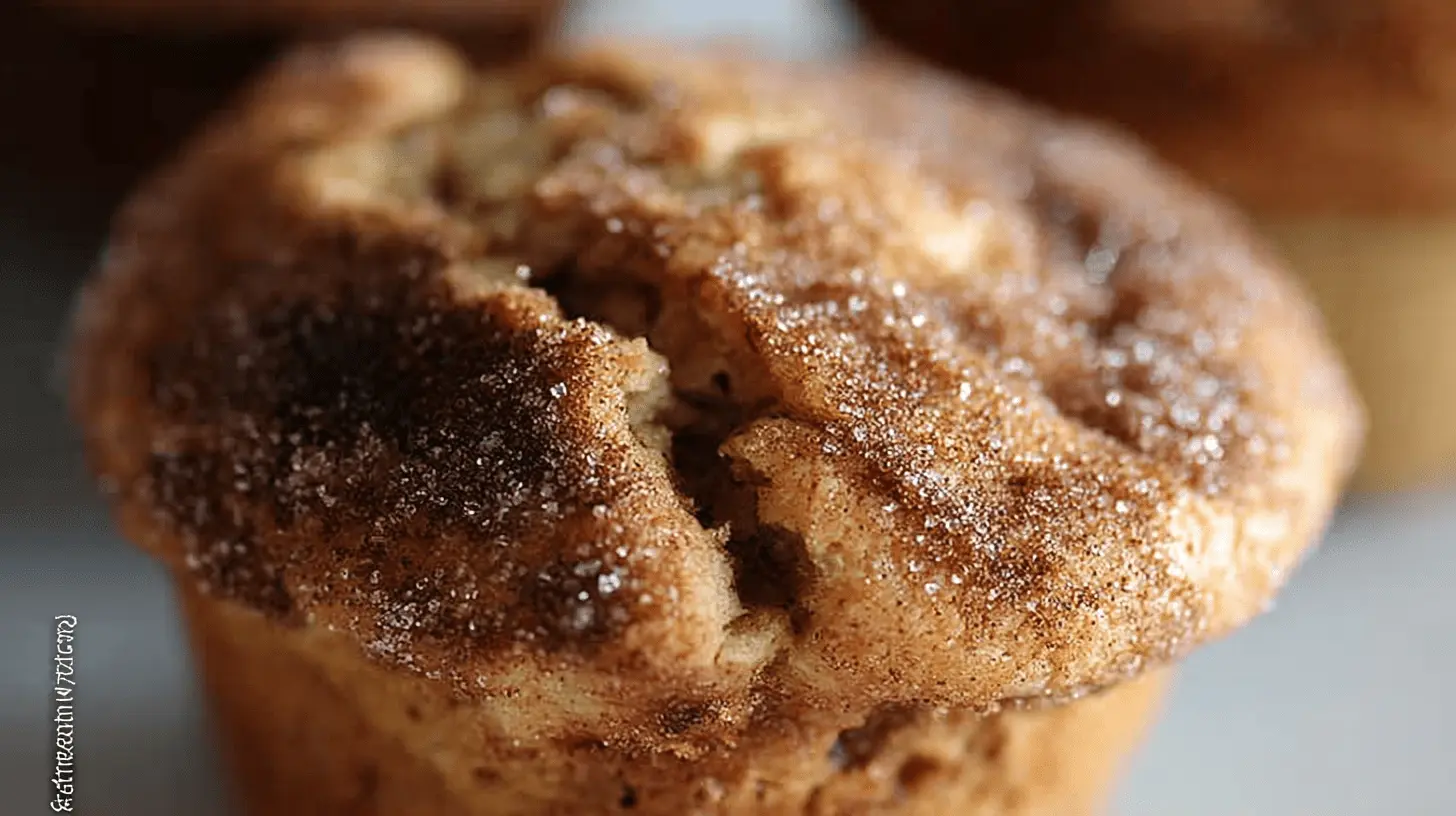 Close-up of a freshly baked apple cinnamon muffin, generously topped with glistening cinnamon sugar.