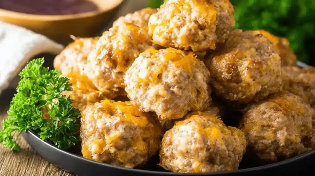 A close-up of golden-brown Bisquick Sausage Balls, studded with melted cheese and garnished with fresh parsley, perfect for appetizer recipes.