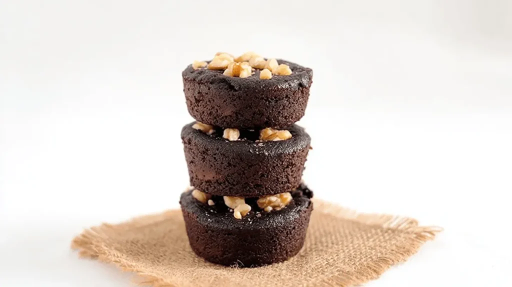 Stack of fudgy dark chocolate black bean brownies from Minimalist Baker, topped with walnuts, on a rustic fabric.