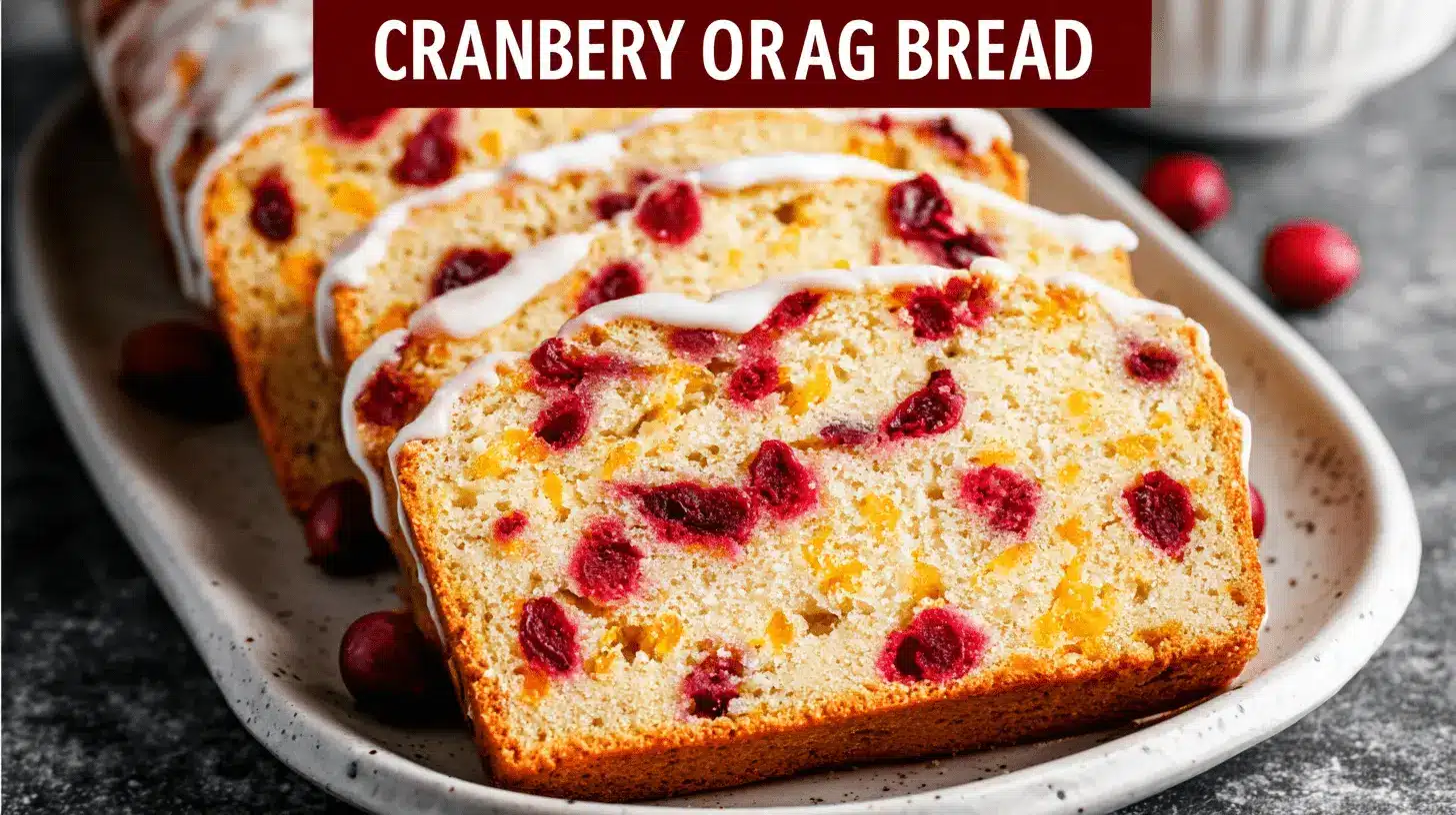 Sliced cranberry orange bread drizzled with white icing, revealing a moist crumb with cranberries and orange pieces on a rustic platter.